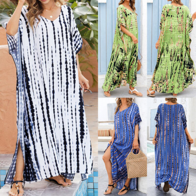Women Plus Size Maxi Dress Holiday Beach Bikini Cover Up Kaftan Boho Loose  Dress