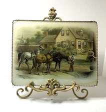 Victorian Lithograph Art under Glass Farmer Feeding Horses Framed with Chain