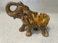 Vintage Glazed Ceramic Elephant Ashtray Brown Orange Yellow
