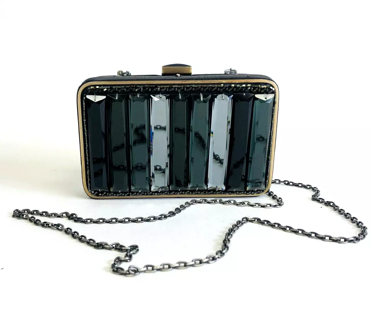 ALLSAINTS CLUTCH BAG CHAIN ANTIQUE GOLD CRYSTAL MIRROR BEADED MINAUDI RE