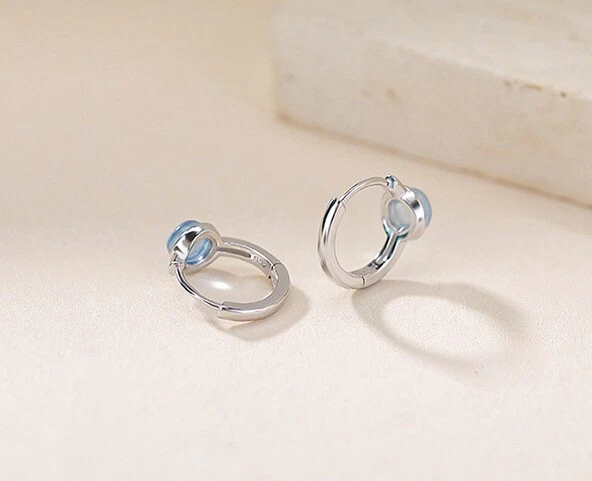 N02 Earrings Hoops With Round Blue Aquamarine Sterling Silver 925 - Image 4 of 4