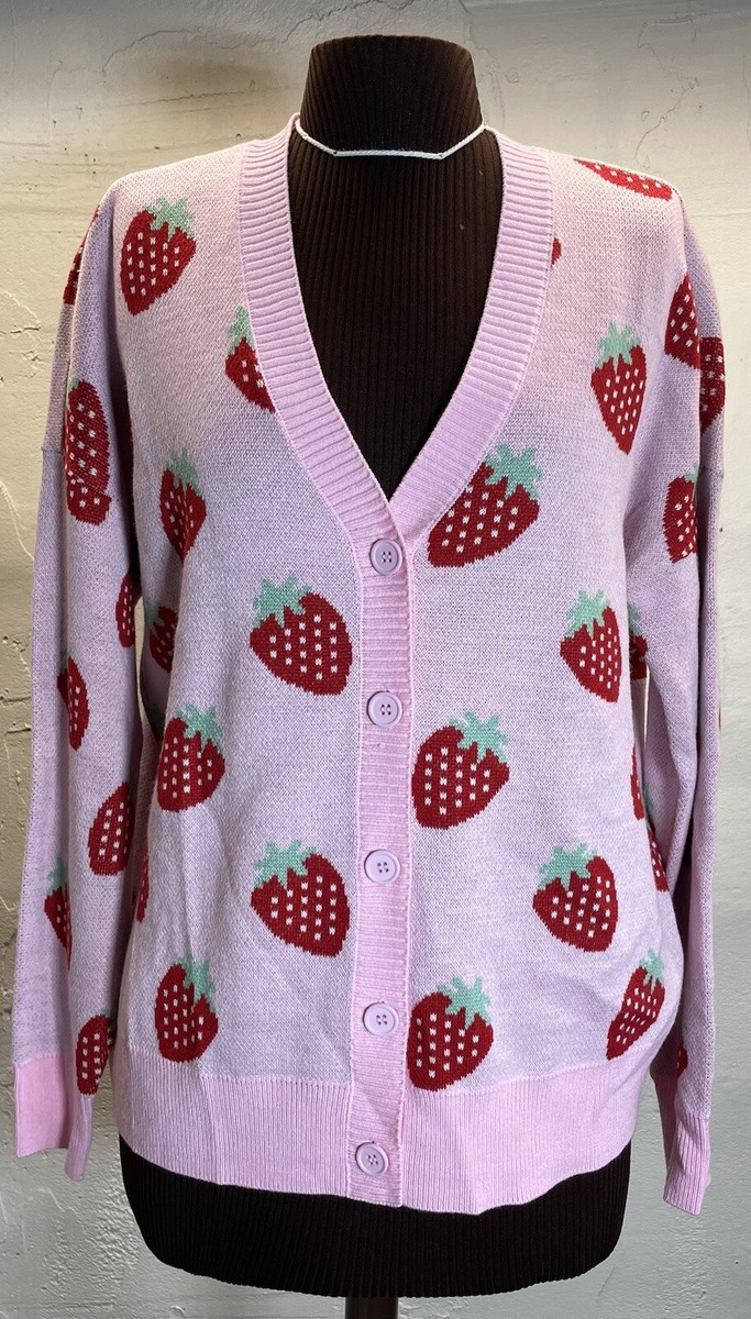 Hot Topic Strawberry Cardigan Sweater Medium Pink Red V Neck Hot Topic Strawberry Cardigan Sweater Medium Pink Red V Neck
