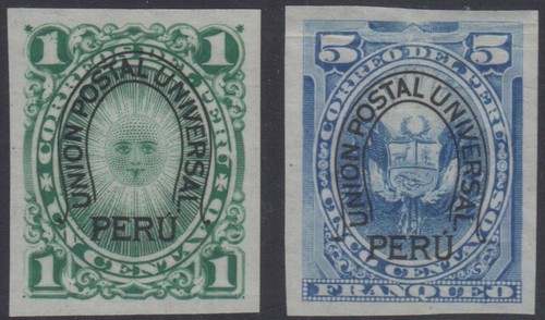 PERU 1883 UPU PERU HORSESHOE Sc 95 & 97 IMPERF PROOFS ON THIN PAPER UNUSED VF