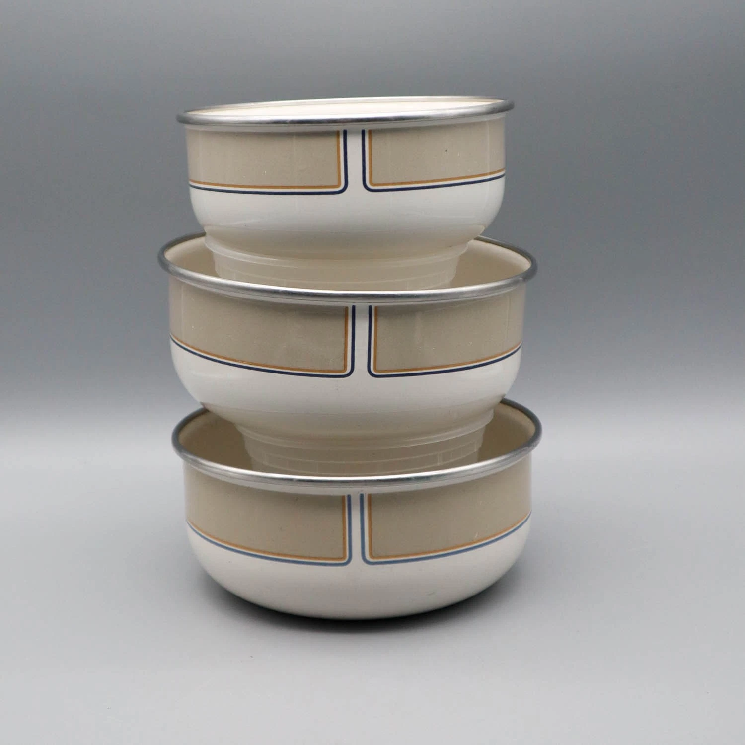 3 Vintage Kobe Kitchen Enamelware Bowls Mod Geometric Design Art Deco MCM