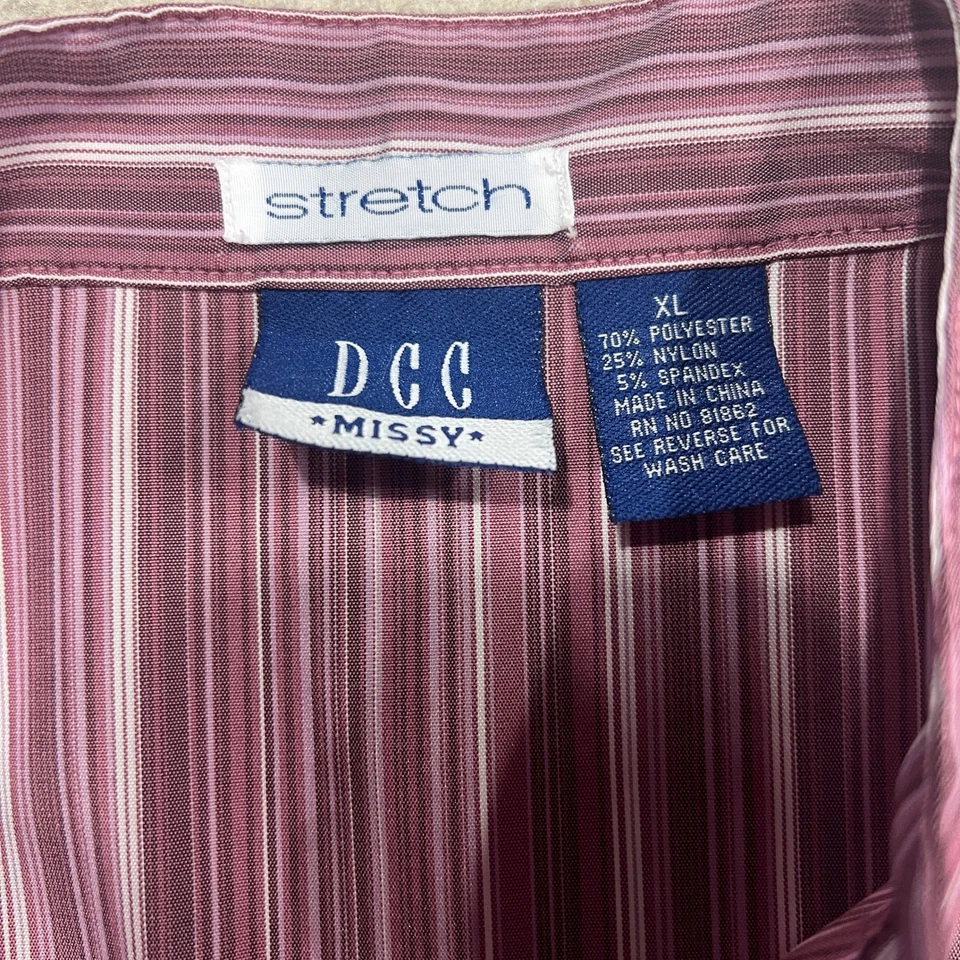 Womens Striped Band Collar 3/4 Sleeve Button Up Blouse Top Burgundy White - Image 3 of 4