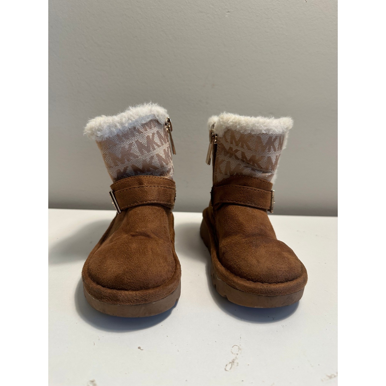 Toddler sz 7 Michael Kors Kids Boots Brown Faux Suede Fur Trim Logo Buckle Zip
