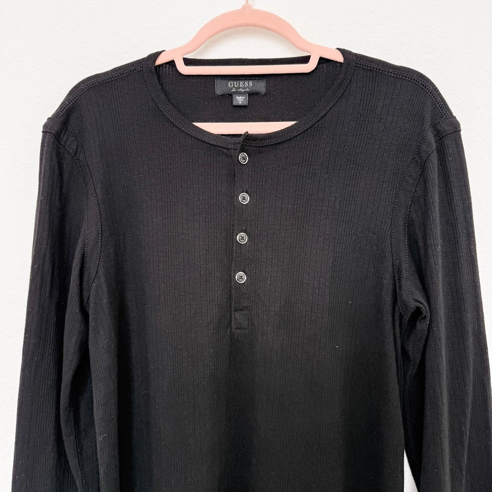 Guess Mens Henley Shirt Size S Black Long Sleeve Ribbed Minimalist Casual Street - Image 3 of 4