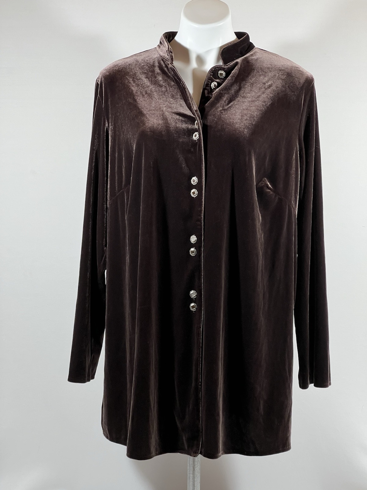 Velvet Button Up Shirt Womens 1X Brown Quiet Luxury Minimalist Chic Style