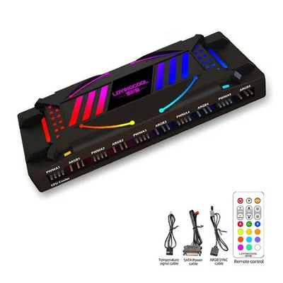 10 PWM / 12 ARGB Strip Fan Controller Hub Splitter + Remote for PC Computer