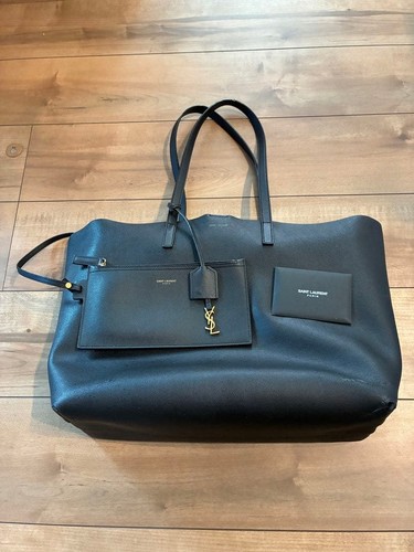 YSL Saint Laurent Tote Handbag Black Leather with Pouch & Charm Women's