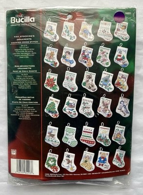 Bucilla Counted Cross Stitch 30 Christmas Tiny Stockings 4'' Ornament Kit Vtg NEW