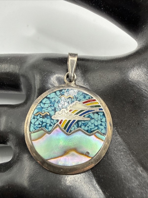 VTG Unusual Sterling Crush Turquoise & Paua Shell Reversible Pendant. 3.3 Grams.