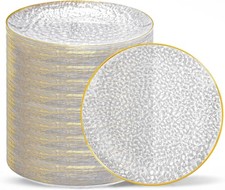 100 Pcs Clear Gold Plastic Plates, Hammered Party Plates, Clear Disposable