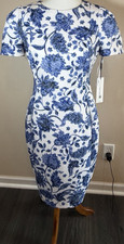 Calvin Klein White Blue Floral Sheath Midi Dress Short Sleeve Round Neck 8