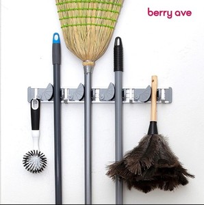 Berry Ave Wall Mount Sliding Broom Holder With 4 Slots 17.5 X 3.5x2.4” Silver