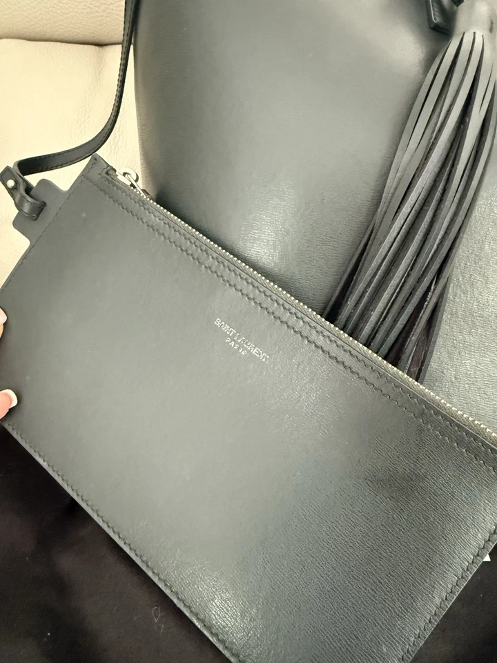 Authentic SAINT LAURENT PARIS YSL Dark Green Shopper Tote Bag Tassel & Pouch - Image 2 of 4