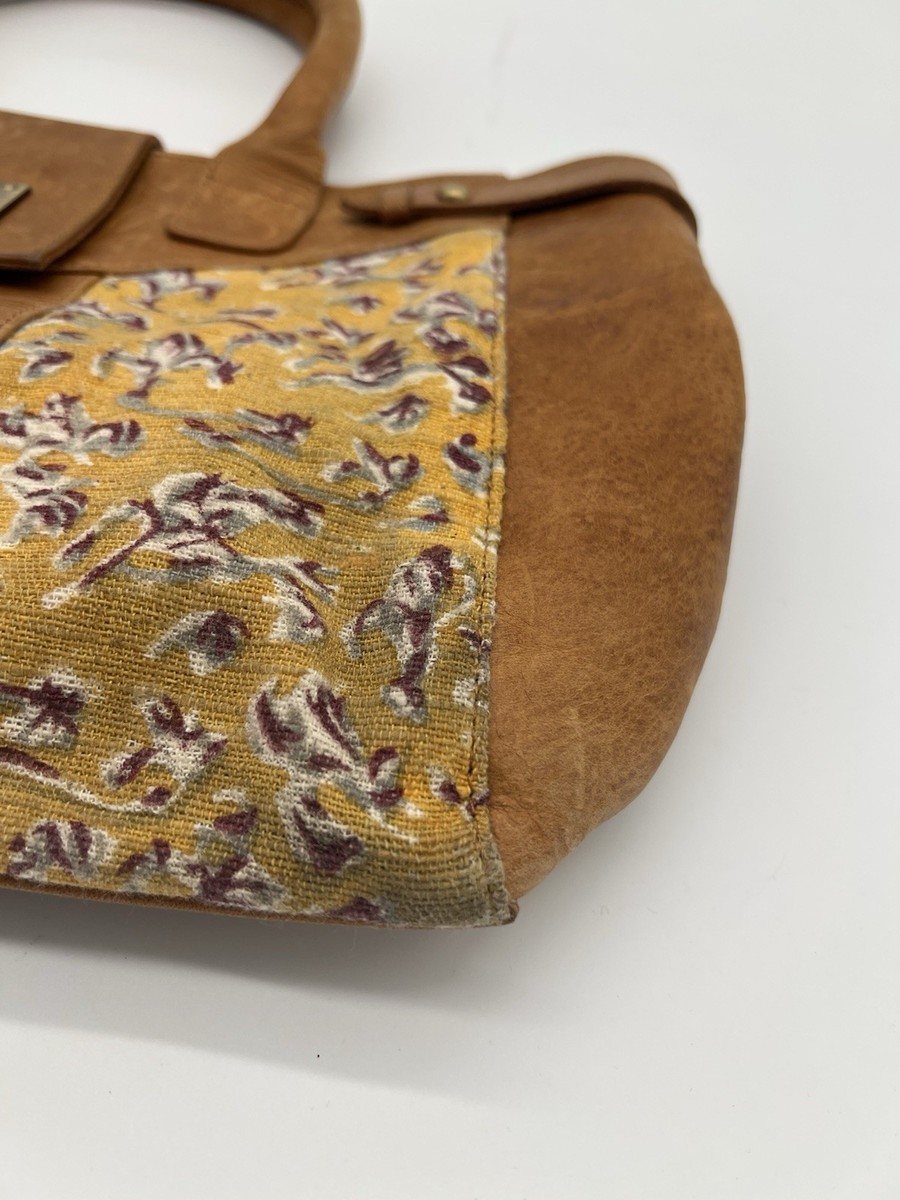 JOYN Canvas & Leather Satchel Tote Bag – Yellow Floral Print View 3
