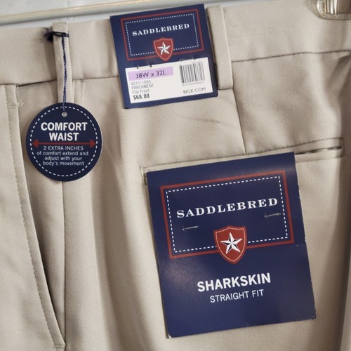 Saddlebred Khaki Pants Mens 38Wx32L Sharkskin Straight Fit Flat Front Parchment - Picture 3 of 6