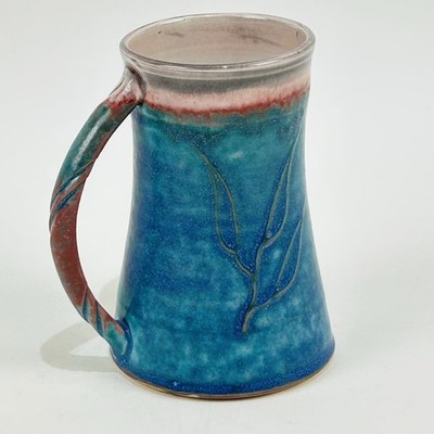 Studio Pottery Ceramic Mug Signed Wiez (?) Blue Green Teal Floral Leaf Tall