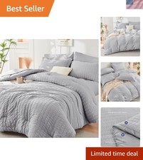 Anti-Wrinkle Light Grey Seersucker Queen Comforter Set - Luxuriously Soft Cozy