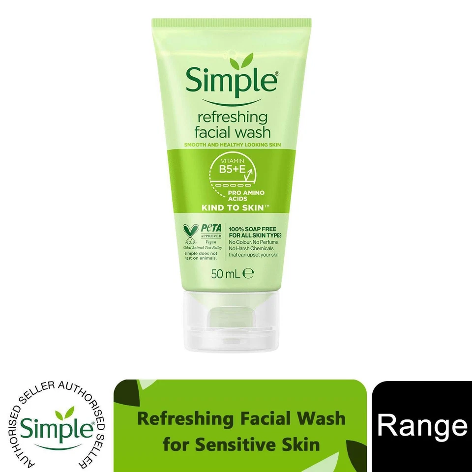 6 x 50 ml Simple Kind to Skin Seifenfrei Erfrischendes Gesichtsgel Waschen