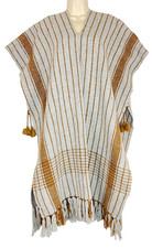 Vintage 1970s gray striped wool poncho brown long fringe unisex boho blanket