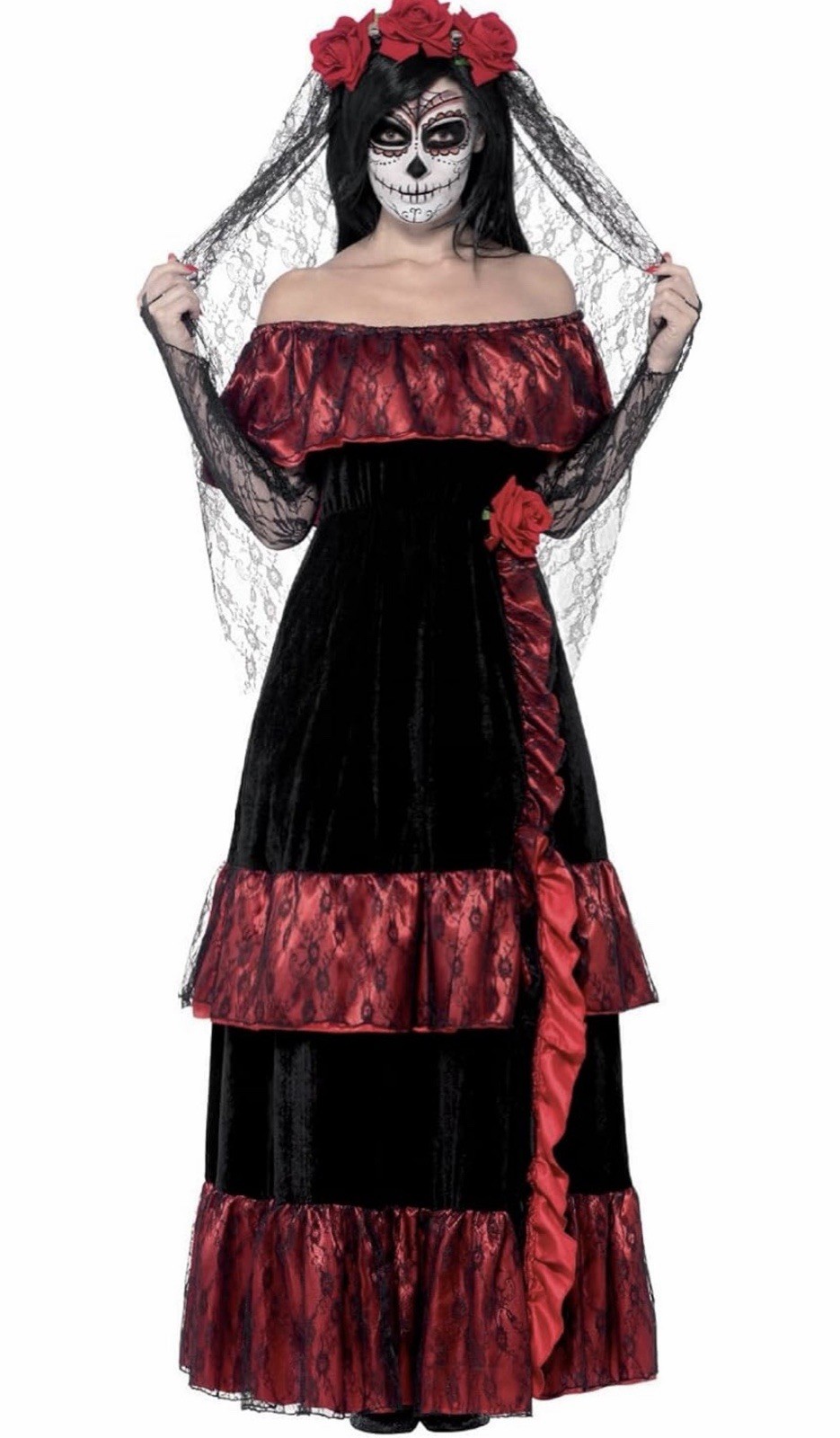 Smiffys Deluxe Día de los Muertos Novia Mujer Vestido Elegante Disfraz Vestido Negro - L