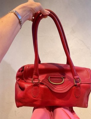 Sofia C Italian Red Pebbled Leather Satchel Handbag Gold Hardware Structured