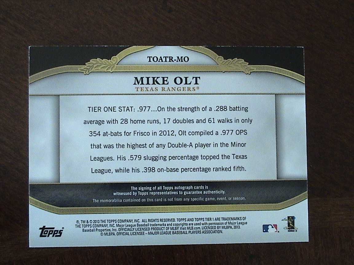 2013 Topps Tier Oen Auto Patch 1/1 Mike Olt Texas Rangers UCONN view 2