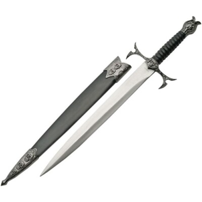 Skull Fixed Knife 8.5 Stainless Steel Dagger Blade Black Sculpted Plastic Handle