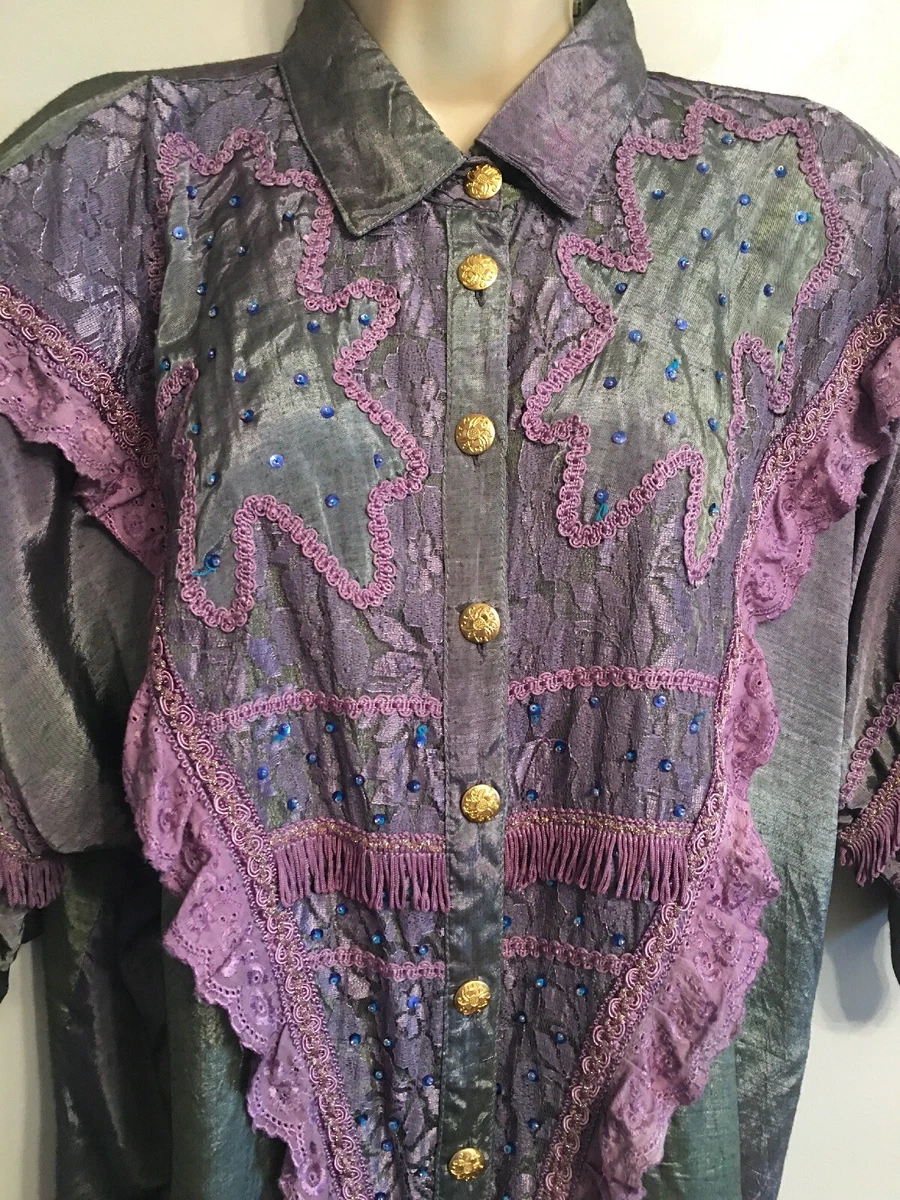 Nwt Iridescent Rayon Shirt Top Purple Lace Gold Buttons India Purple Fringe XL