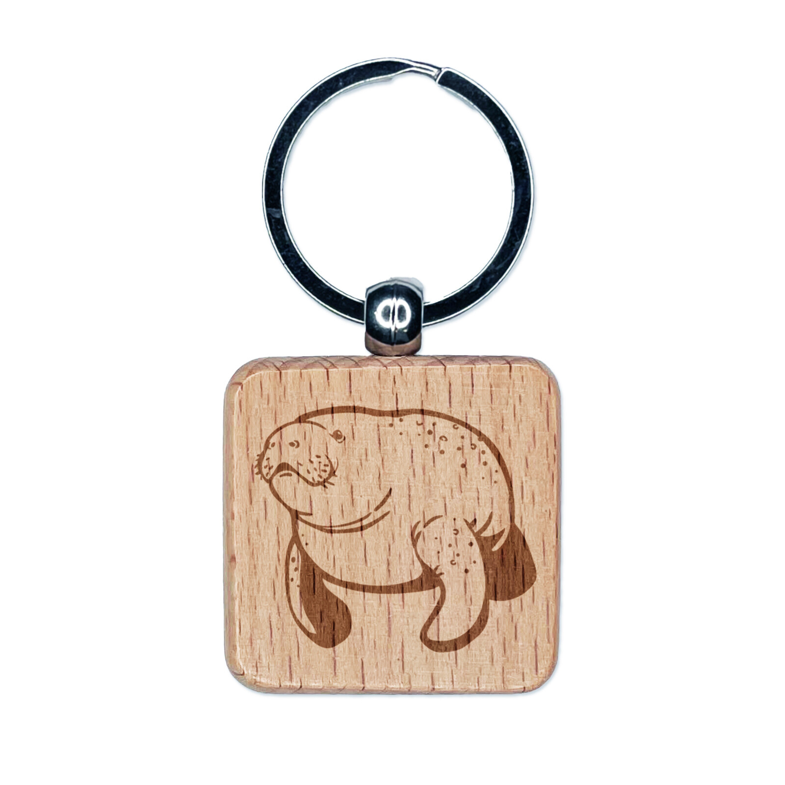 Gentle Manatee Engraved Wood Square Keychain Tag Charm