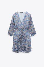 ZARA FLORAL PRINT V NECK RUFFLED MINI DRESS IN BLUE - SIZE M
