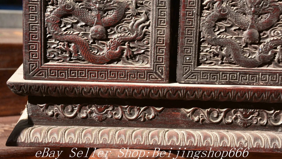 Estátua caixa selo joia dragão esculpida em madeira chinesa antiga Huanghuali 12" - Imagem 3 de 4