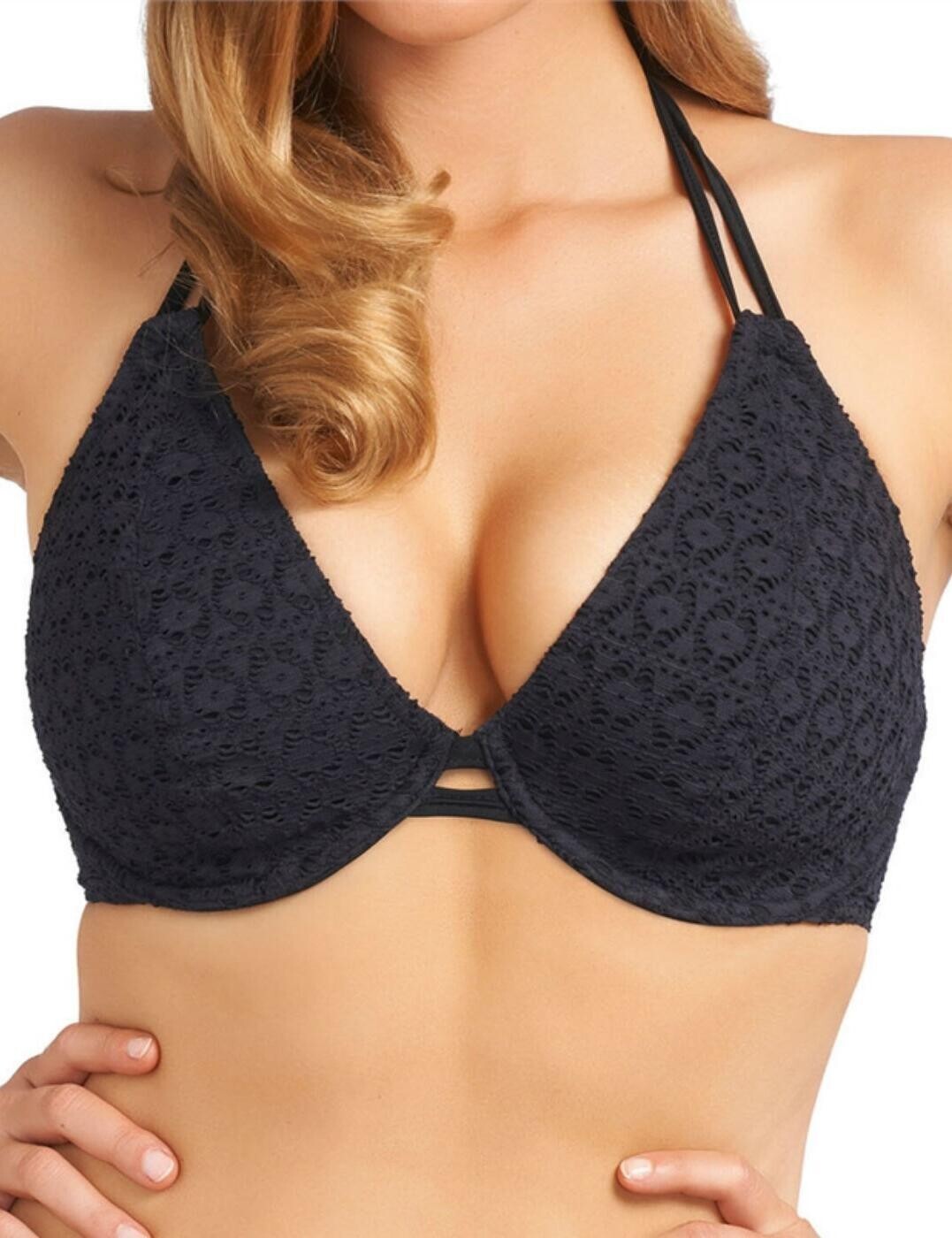 Freya Spirit Bikini Top Size 30E Black Crochet Underwired Halter Swim Bra 3903