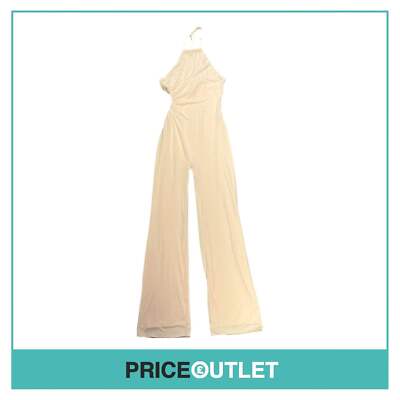 Oh Polly - Ivory Textured Jersey Halter Neck Ruched Cut Out Jumpsuit - Size 10 -