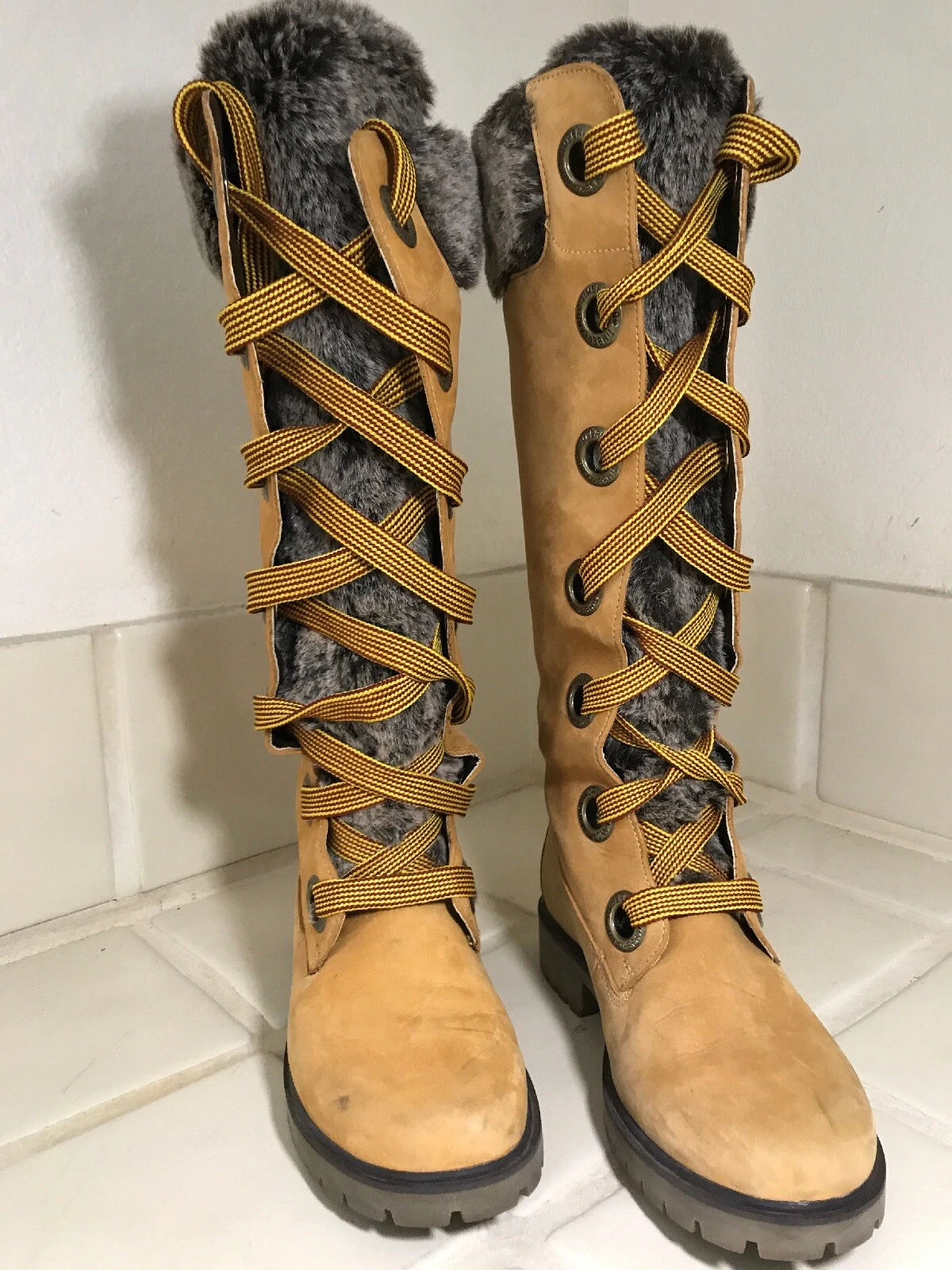 Stivali donna Timberland Mirney pelliccia sintetica stringati 91335 al ginocchio grano 6M