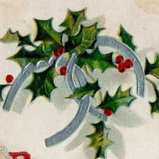 1910 Best Christmas Wishes Holly Silver Horse shoe Winter Scenery Embossed 