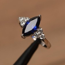14K White Gold Plated Marquise Blue Sapphire Diamond Lab-Created Solitaire Ring