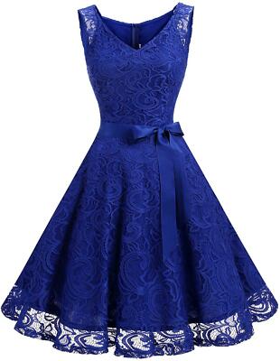 Dressystar Floral Lace Short Fit N Flare V Neck Tank Party Dress Royal Blue S eBay