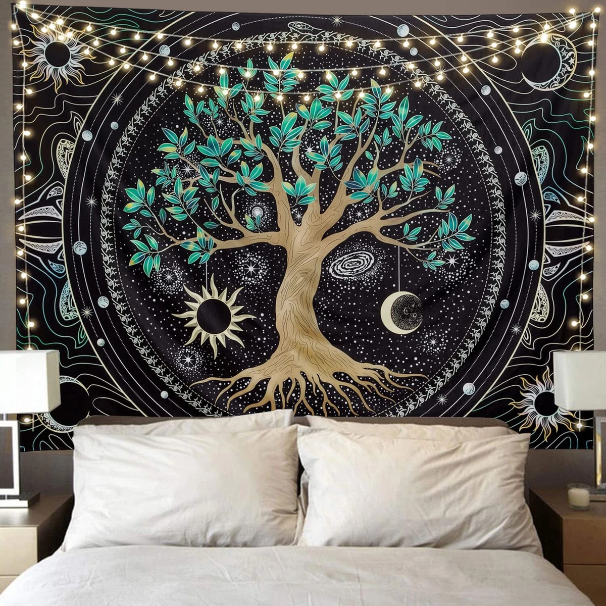 Aesthetic Tree of Life Trippy Tapestry Colorful Hippie Sun Moon