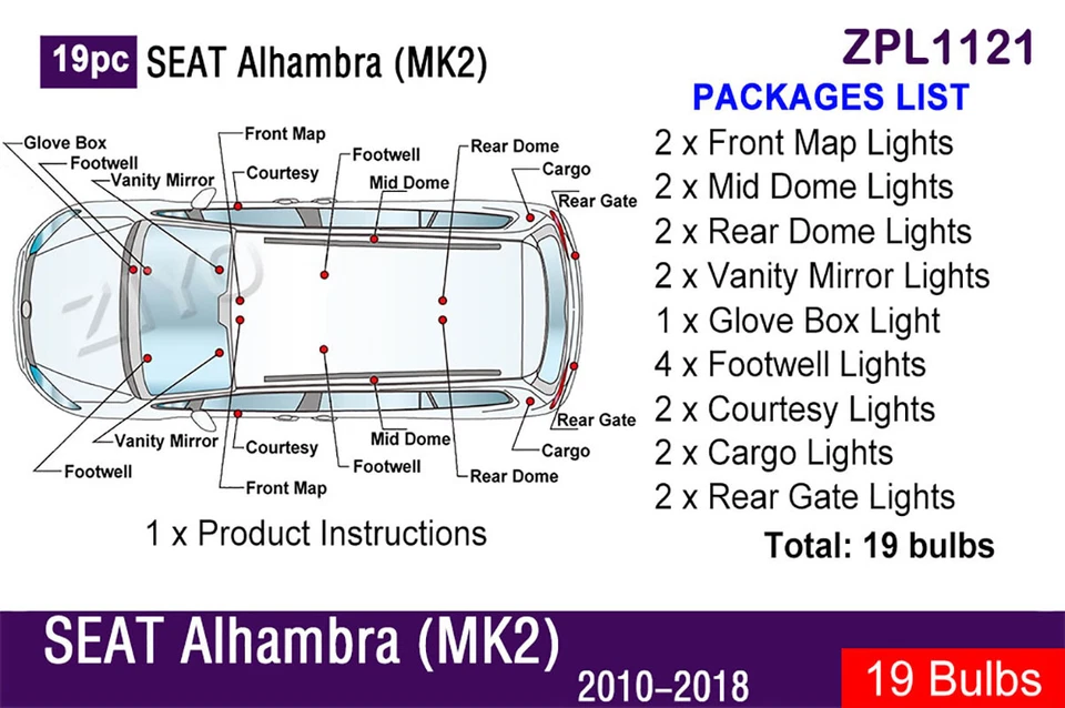 Комплект из 19 светодиодных ламп для подсветки салона SEAT Alhambra VW Routan 2010–2019 годов выпуска - Изображение 2 из 4