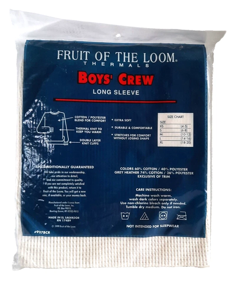 Camisa térmica vintage masculina Fruit of the Loom pequena 6-8 longa John Top anos 90 nova na caixa - Imagem 4 de 4