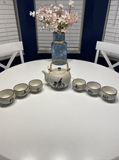     JAPANESE OTAGIRI OMC TEA POT  Set 6 Tea Cups White  Black W/Rattan Handle