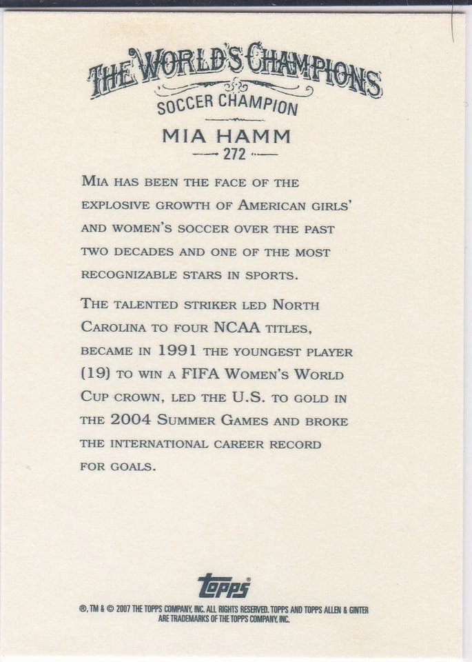 MIA HAMM 2007 Topps Allen & Ginter's #272 SOCCER CARD Team USA Women's RARE MINT - Image 2 of 2