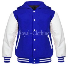 Varsity Letterman baseball Royal Wool and white Genuine Leather Sleeves Hoodie