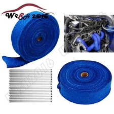 2 Roll X 2" x 50FT Exhaust Header Fiberglass Heat Wrap Tape w/20 Steel Ties Blue