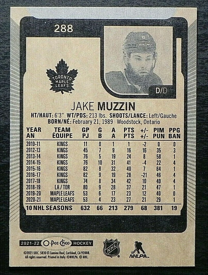 2021-22 21/22 O-Pee-Chee #288 Jake Muzzin Toronto Maple Leafs - Image 2 of 2