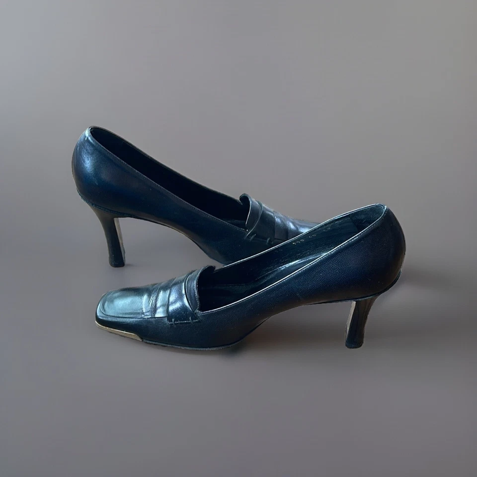 ESCADA Tacones Puntera Cuadrada Mujer EU 40 US 9 Cuero Negro Dorado Acento Bomba Clásico Foto 3 de 4