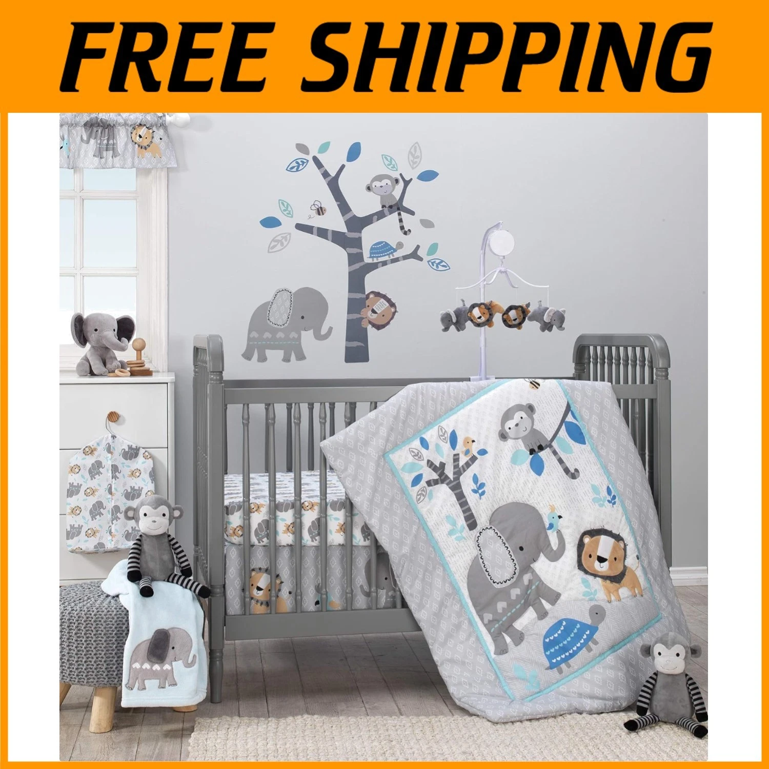 Charming Jungle Fun Crib Set - 3 Pieces with Quilt & Fitted Sheet, Blue/Gray
Opens in a new window o